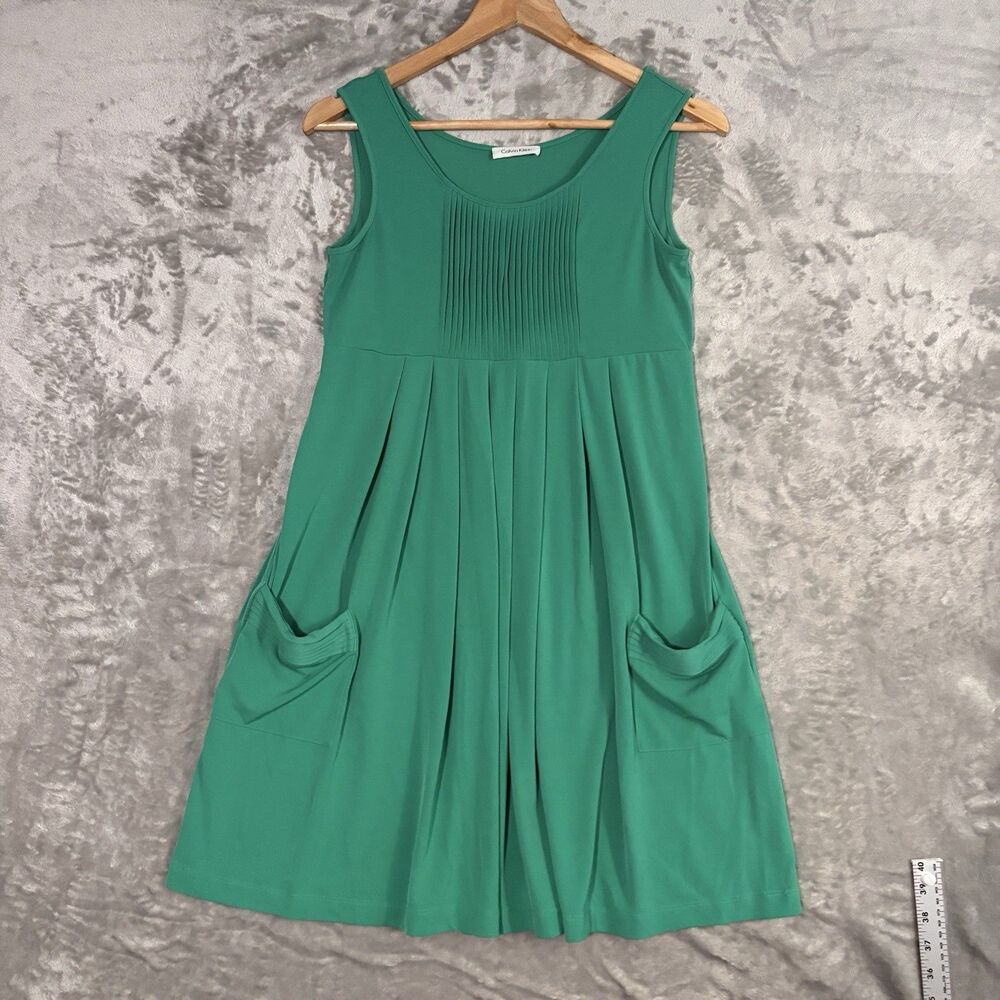 Calvin Klein Pleated Pocket Tank Dress Women XS Green Mini Office Chic Y2K Boho